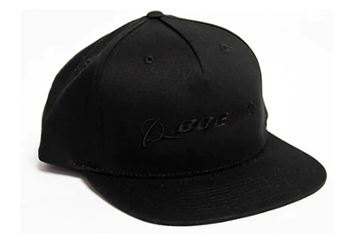Black baseball cap with embroidered Boeing logo on the front.