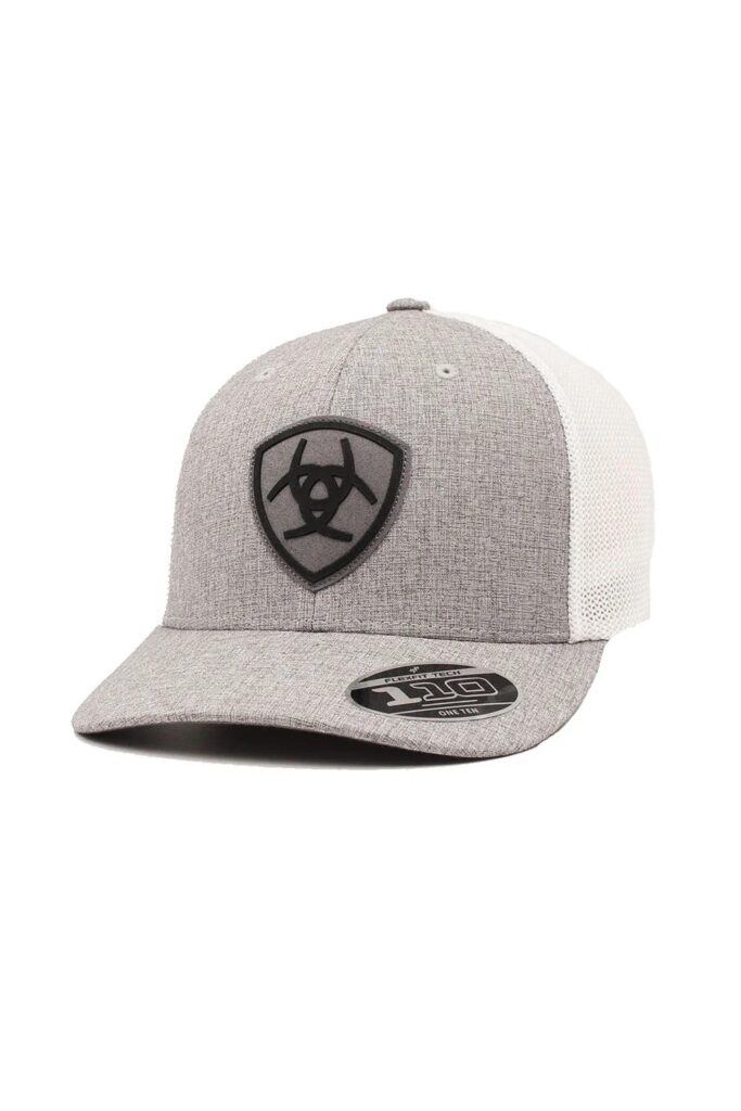 Gray front cap with white mesh back and black emblem
