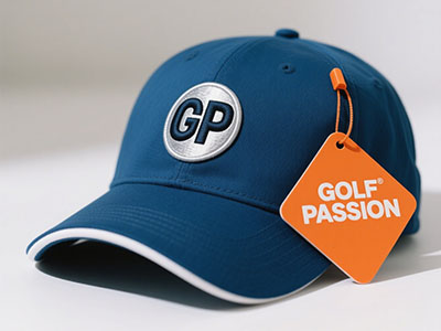 Blue golf cap with "GP" logo and orange Golf Passion tag attached.