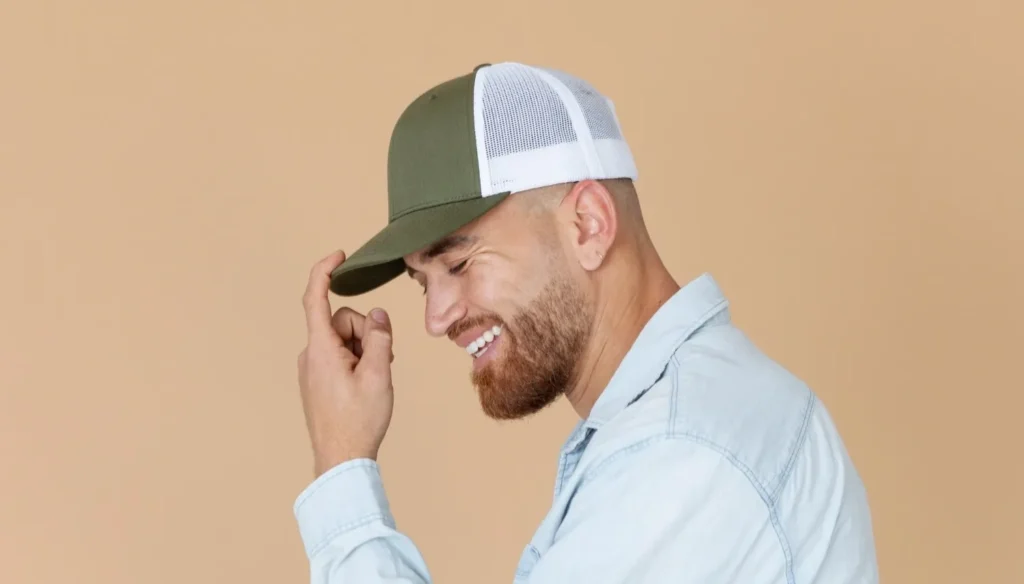 Man wearing green trucker hat smiling