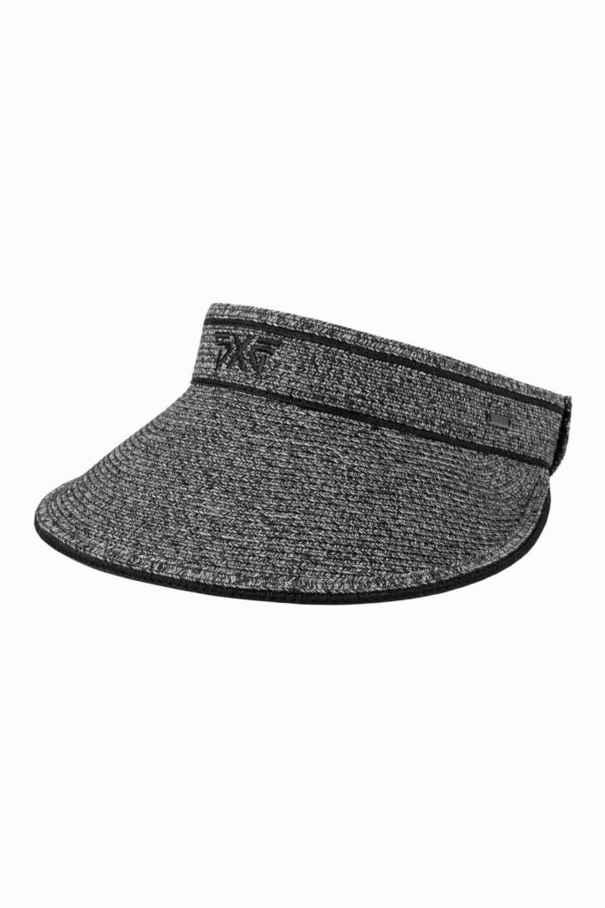 Gray woven PXG golf visor with curved brim and black trim details