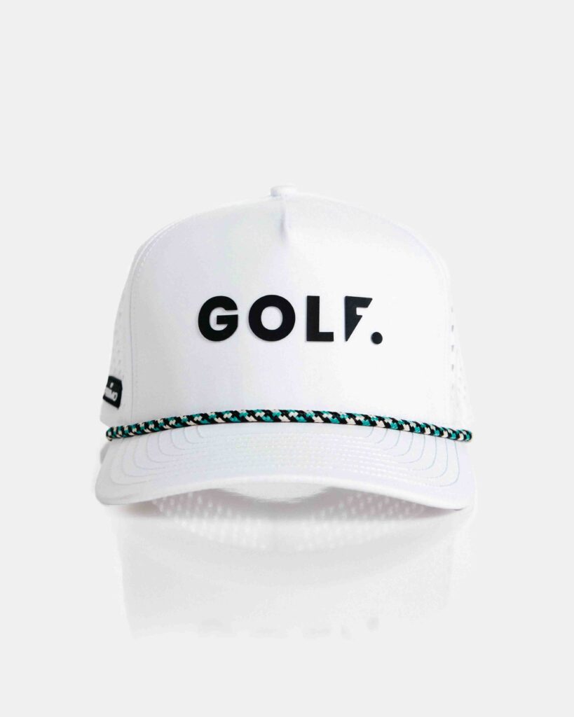 White mesh trucker hat with bold GOLF text and braided rope detail
