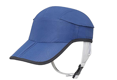 Blue safety cap with chin strap and black trim around brim.