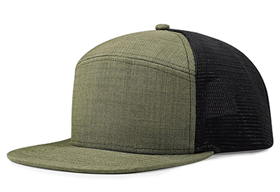 Olive green front panel cap with black mesh back and flat brim.