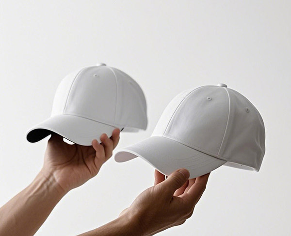 Hands holding two plain white baseball caps against neutral background.