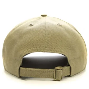 Back view of khaki cap with adjustable buckle closure strap.