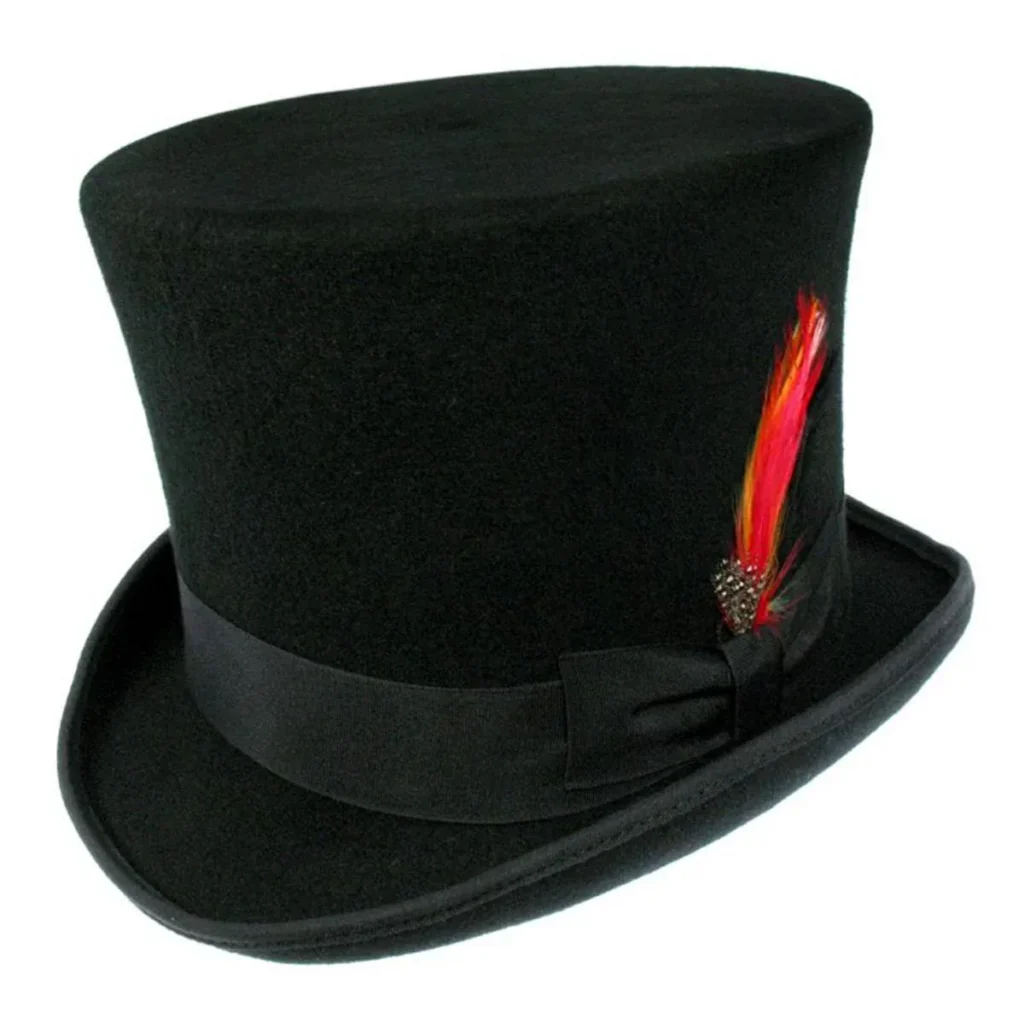 Black top hat with ribbon band and red feather decoration