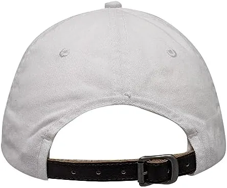 Back view of white cap with black adjustable metal buckle closure strap.