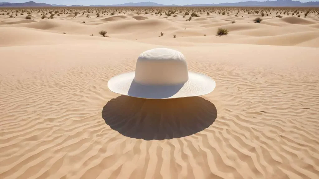 White sun hat casting shadow in sandy desert dunes.