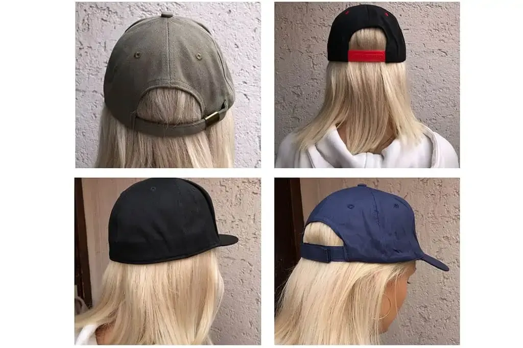 Four different adjustable hats worn by a person with blonde hair, showing back and side views.