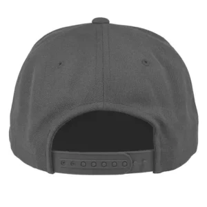 Black baseball cap with adjustable snapback closure.