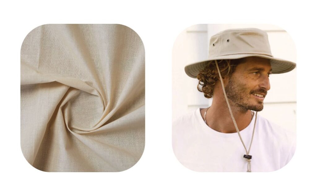 Beige cotton fabric and man wearing wide brim hat