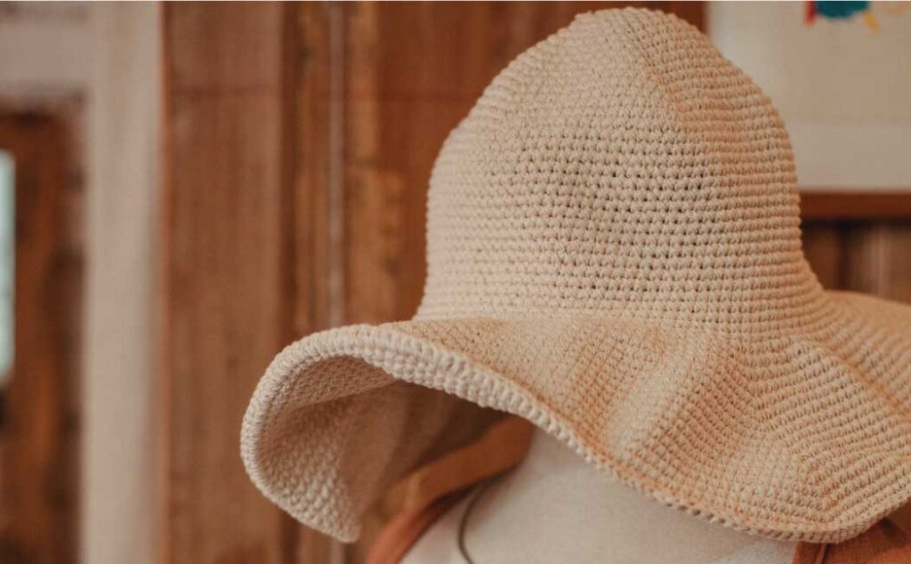 Handmade beige crochet sun hat with wide brim