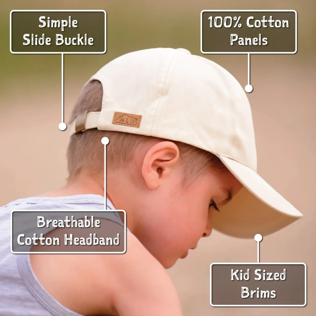 Child wearing beige cotton cap with adjustable buckle, breathable headband, and kid-sized brim.