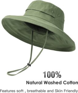 Olive green wide brim cotton hat with adjustable chin strap for sun protection.