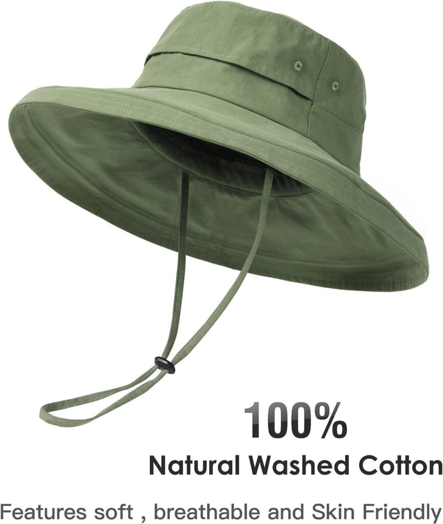 Olive green wide brim cotton hat with adjustable chin strap for sun protection.