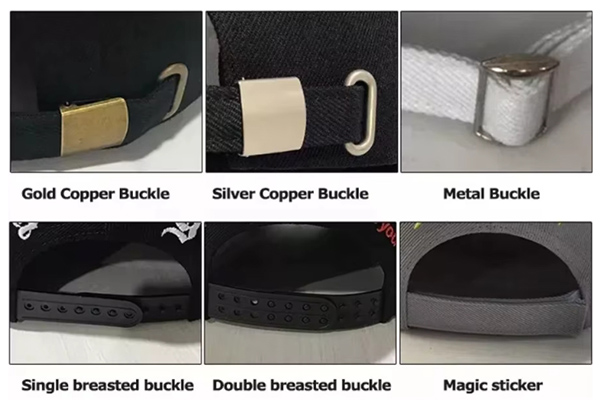 Various cap buckle styles including gold copper, silver copper, metal, single, double breasted, and magic sticker.