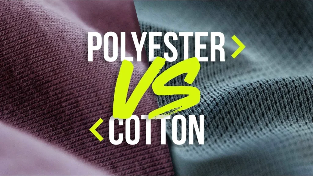 Close-up of polyester and cotton fabric textures with bold text comparison.