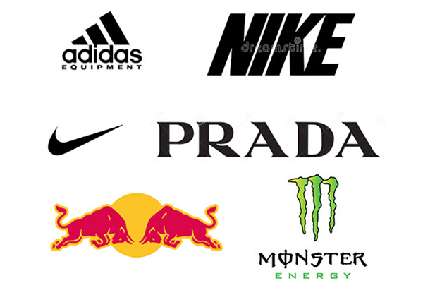 Logos of Adidas, Nike, Prada, Red Bull, and Monster Energy on white background.