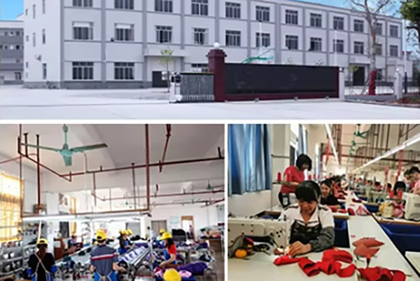 Modern factory building exterior and workers sewing inside garment manufacturing facility.