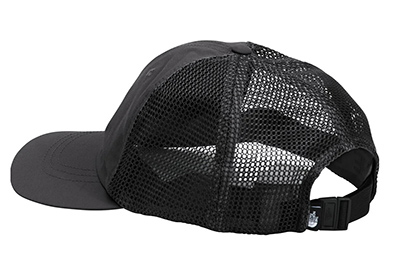 Black baseball cap with breathable mesh back and adjustable strap closure.