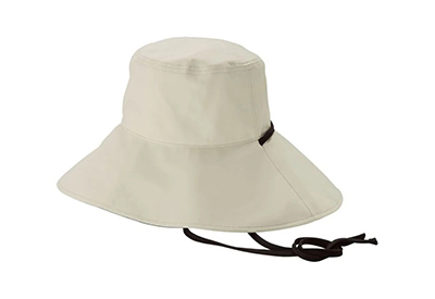 Beige wide-brim sun hat with chin strap for outdoor protection.