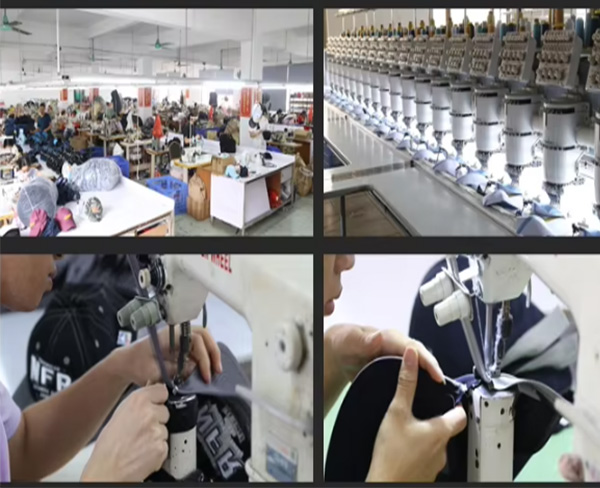 Factory with workers sewing caps and automated embroidery machines in large workspace.