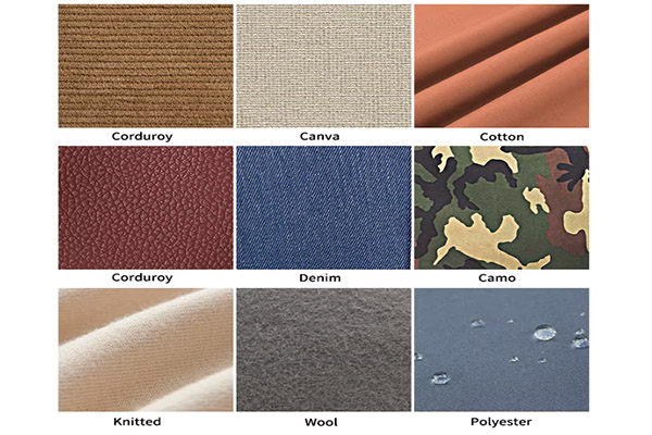Swatches of corduroy, canvas, cotton, denim, camo, knitted, wool, and polyester fabrics.
