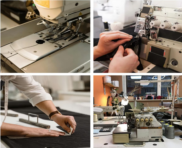 Hands sewing fabric on machines, cutting fabric, and sewing workshop with equipment.