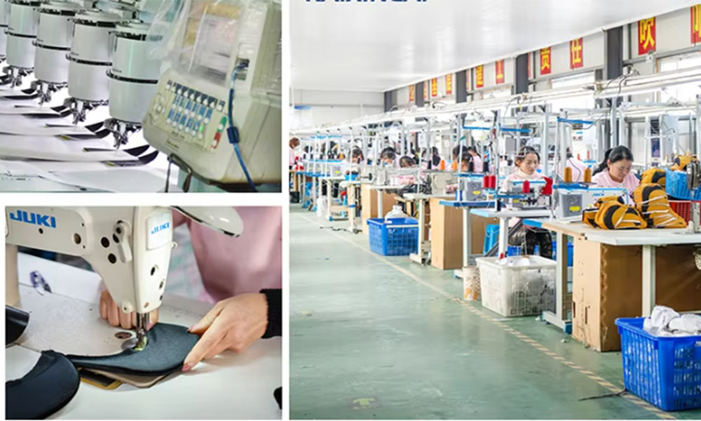 Assembly line with workers sewing shoes and automated embroidery machines in factory.