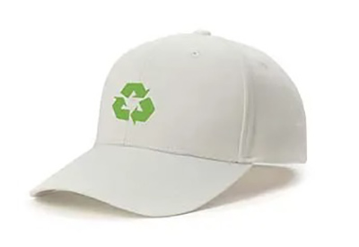 White baseball cap featuring green recycling symbol on front panel.