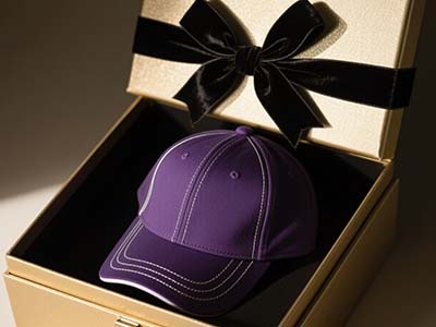 Purple baseball cap in gift box with black ribbon.