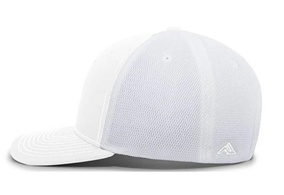 White baseball cap with mesh back and structured front panels.