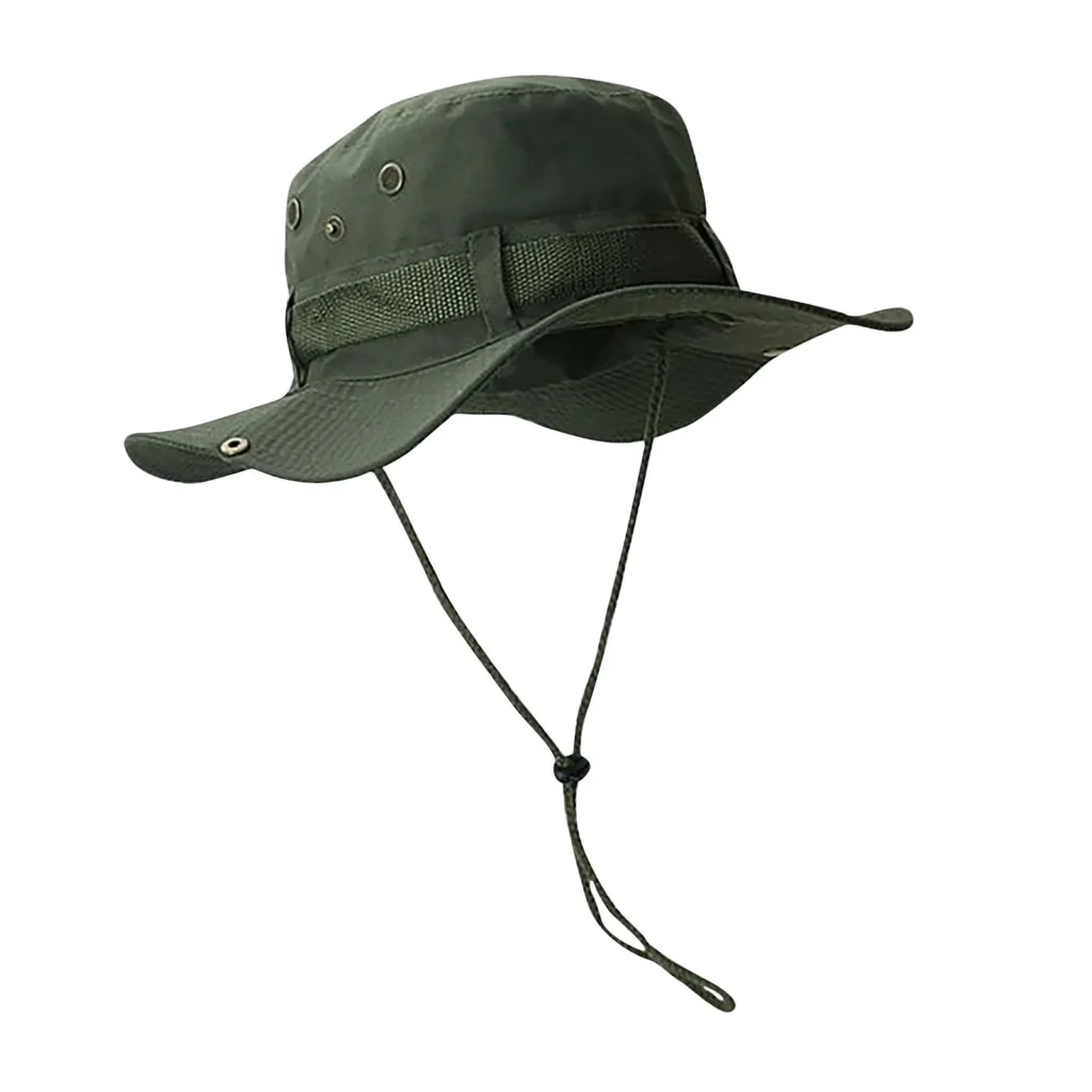 Olive green boonie hat with chin strap for outdoor activities.