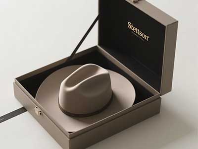 Beige Stetson cowboy hat in luxury presentation box.
