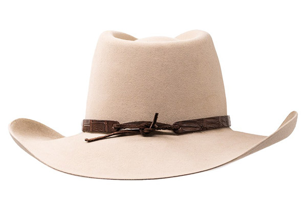 Wide-brim beige cowboy hat with dark braided leather band.