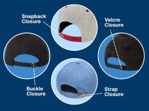 Different cap closure styles: snapback, velcro, buckle, strap.