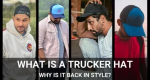 Four men wearing different trucker hats with text about trucker hat style.