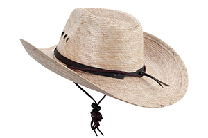 Light straw cowboy hat with dark band and chin strap.