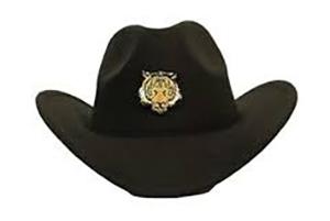 Black cowboy hat with embroidered tiger emblem on front.