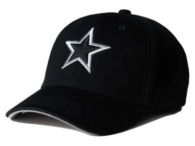 Black baseball cap with white star embroidery on front panel.