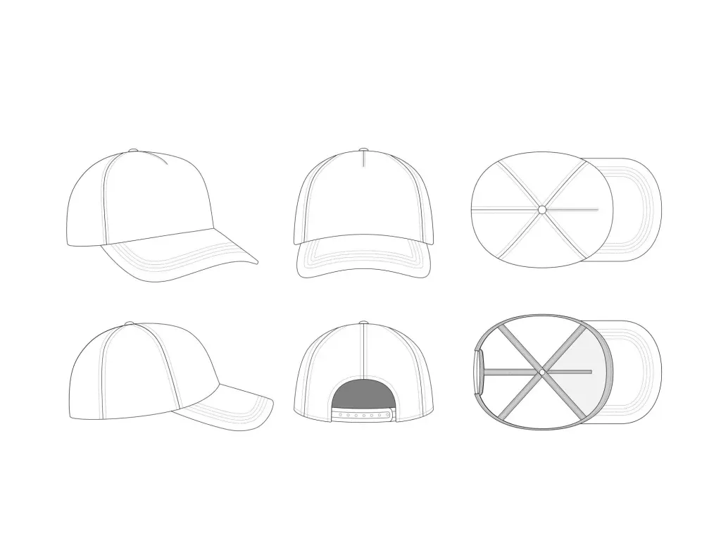 Technical sketch of six-panel baseball cap from multiple angles