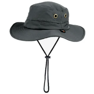 Black boonie hat with adjustable chin strap.