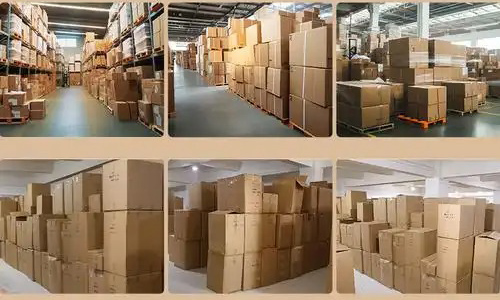 Multiple stacks of cardboard boxes organized in large warehouse storage areas.