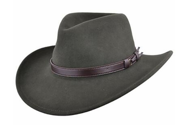 Dark grey felt hat with brown leather band and wide brim.