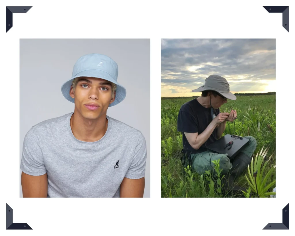 Man wearing light blue Kangol bucket hat, field researcher in sun hat outdoors