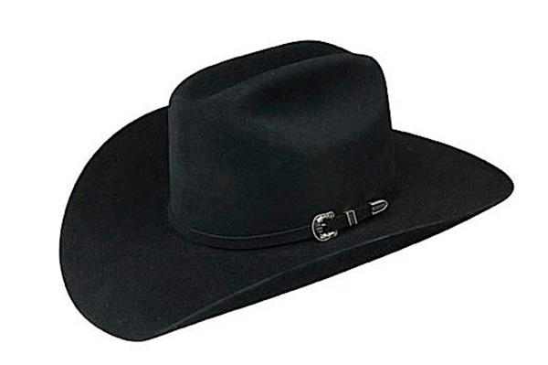 Black cowboy hat with small silver buckle on thin band.
