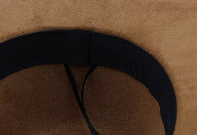 Close-up of brown hat interior with black adjustable band.