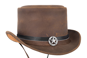Brown leather cowboy hat with black band and star emblem.