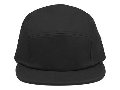 Front view of a plain black 5-panel cap with a flat brim and minimalistic design.